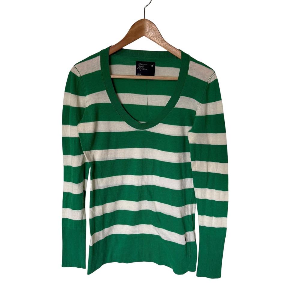 American Eagle Sweater Womens Medium Green‎ White vintage Striped Scoop Neck